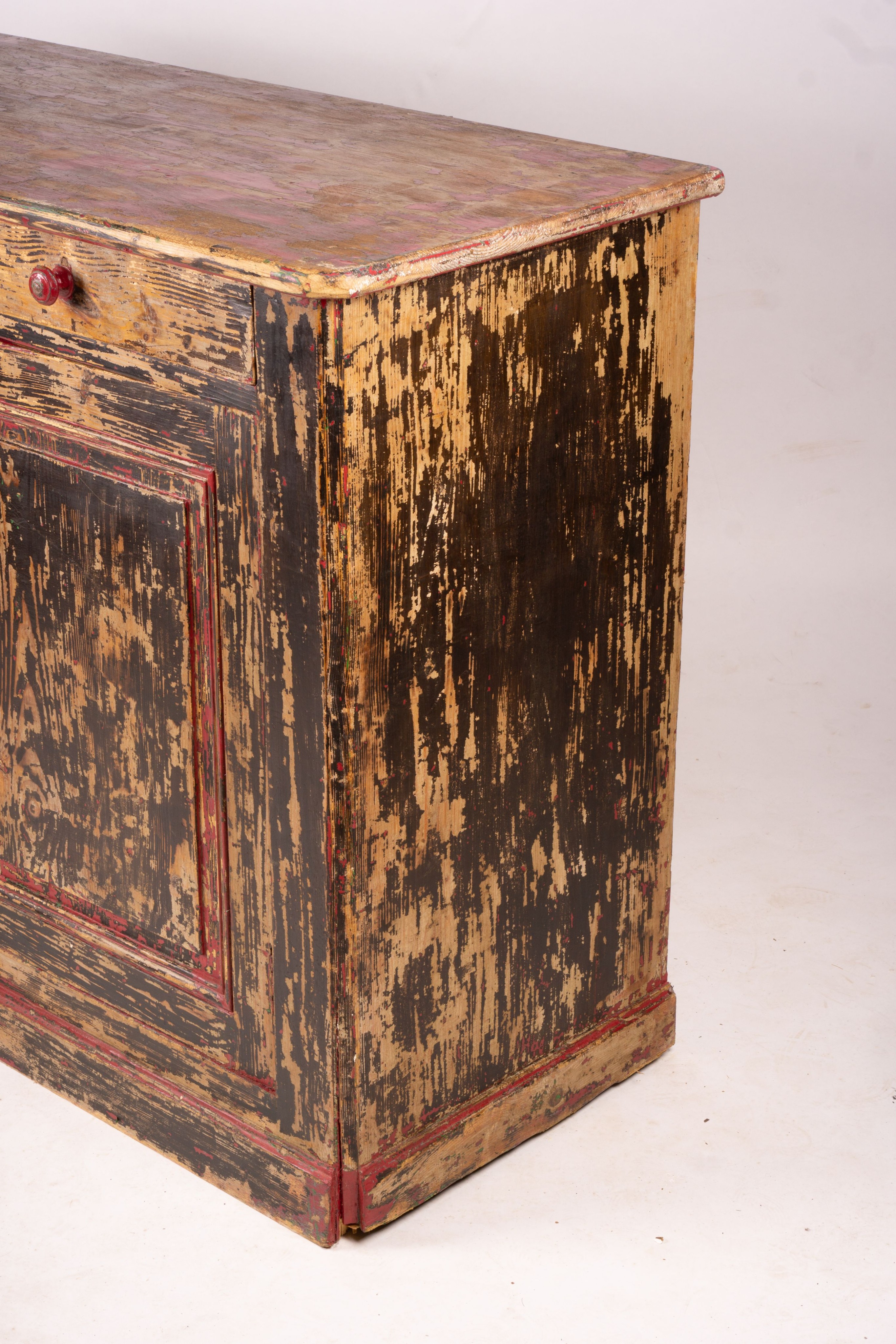 A 19th century French painted pine two door cabinet with scraped finish, width 140cm, depth 57cm, height 105cm